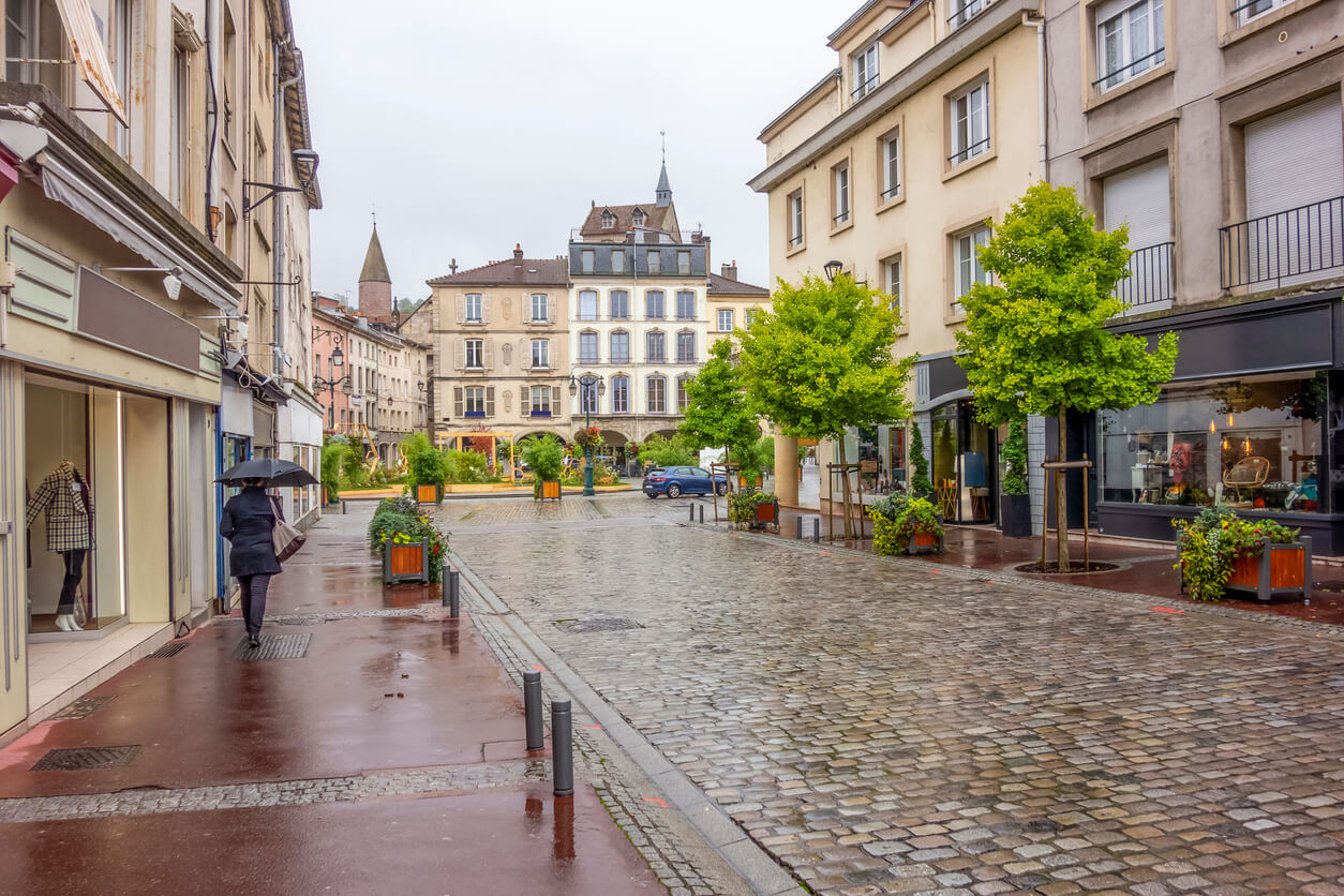 Vue d'une rue pavée du centre-ville d'Épinal, entourée de bâtiments historiques et commerces, illustrant le potentiel de l'investissement locatif Épinal